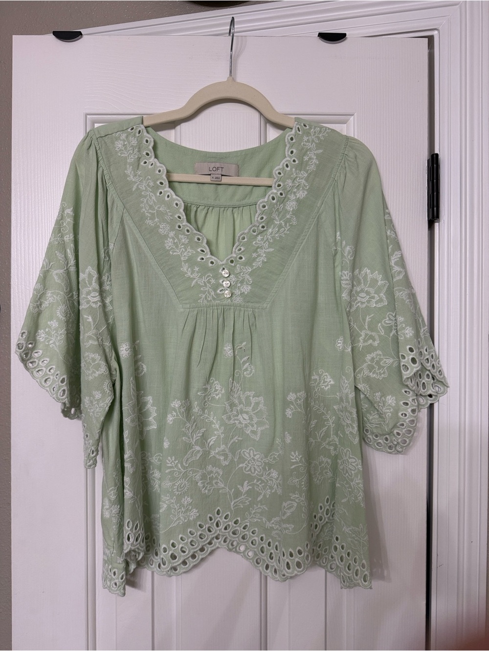 LOFT Light Sage Embroidered Peasant Blouse